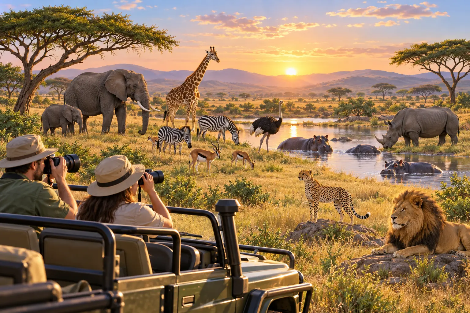 Wildlife photographers observing elephants, giraffes, zebras, rhinoceroses, hippos, a cheetah, and a lion beside a savanna waterhole at sunrise.