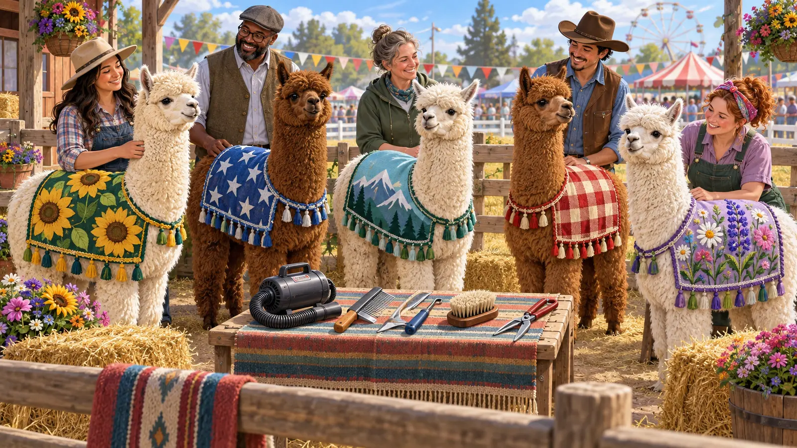 Five handlers stand with five alpacas wearing colorful patterned blankets beside grooming tools at a sunny county fair.