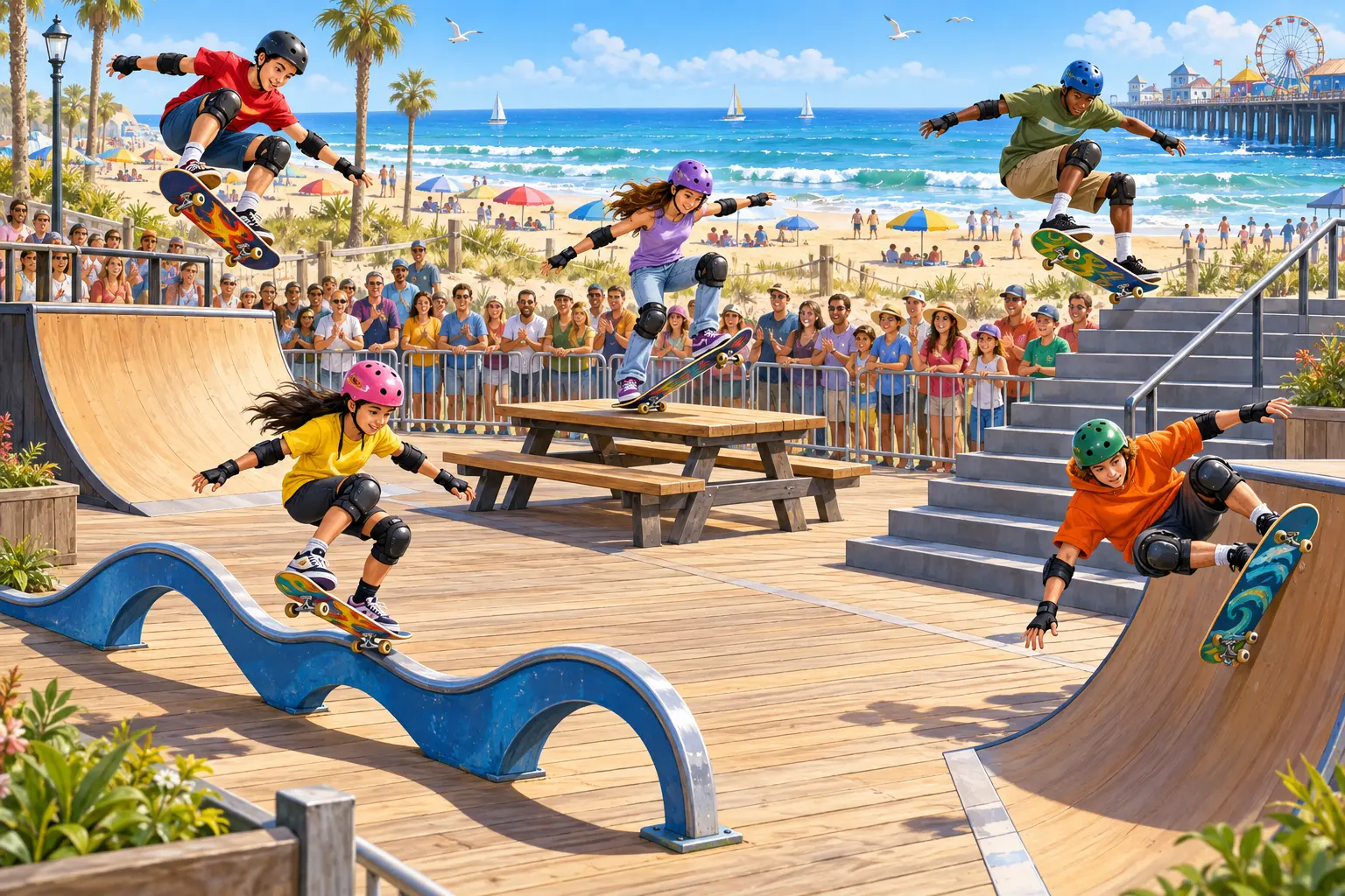 Five helmeted skateboarders perform spectacular tricks on a sunny wooden boardwalk beside the beach and ocean.
