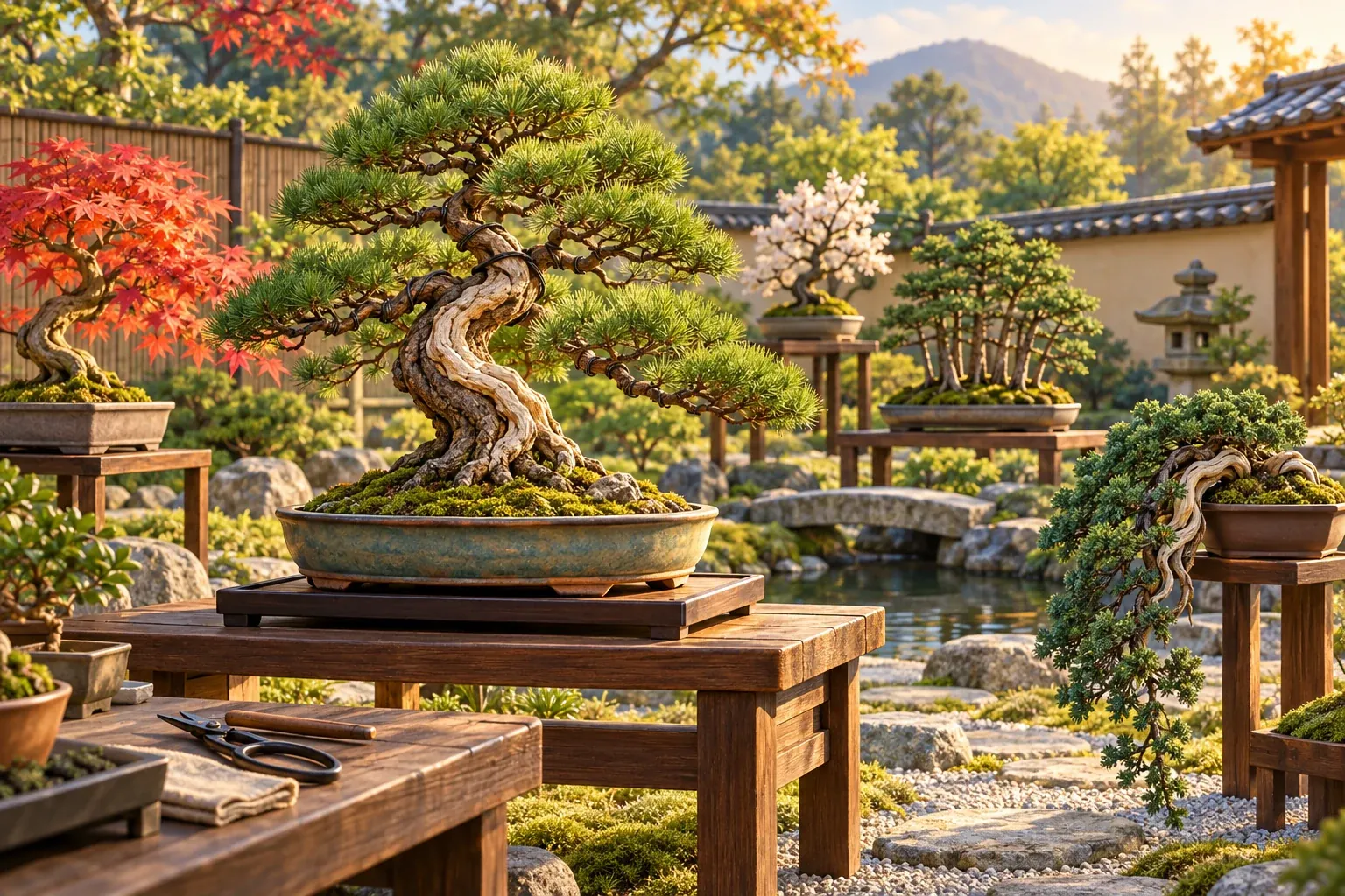 A serene bonsai exhibition garden with a sculptural pine as the focal point, surrounded by maple, juniper, cascade, and forest-style miniature trees on wooden display stands.