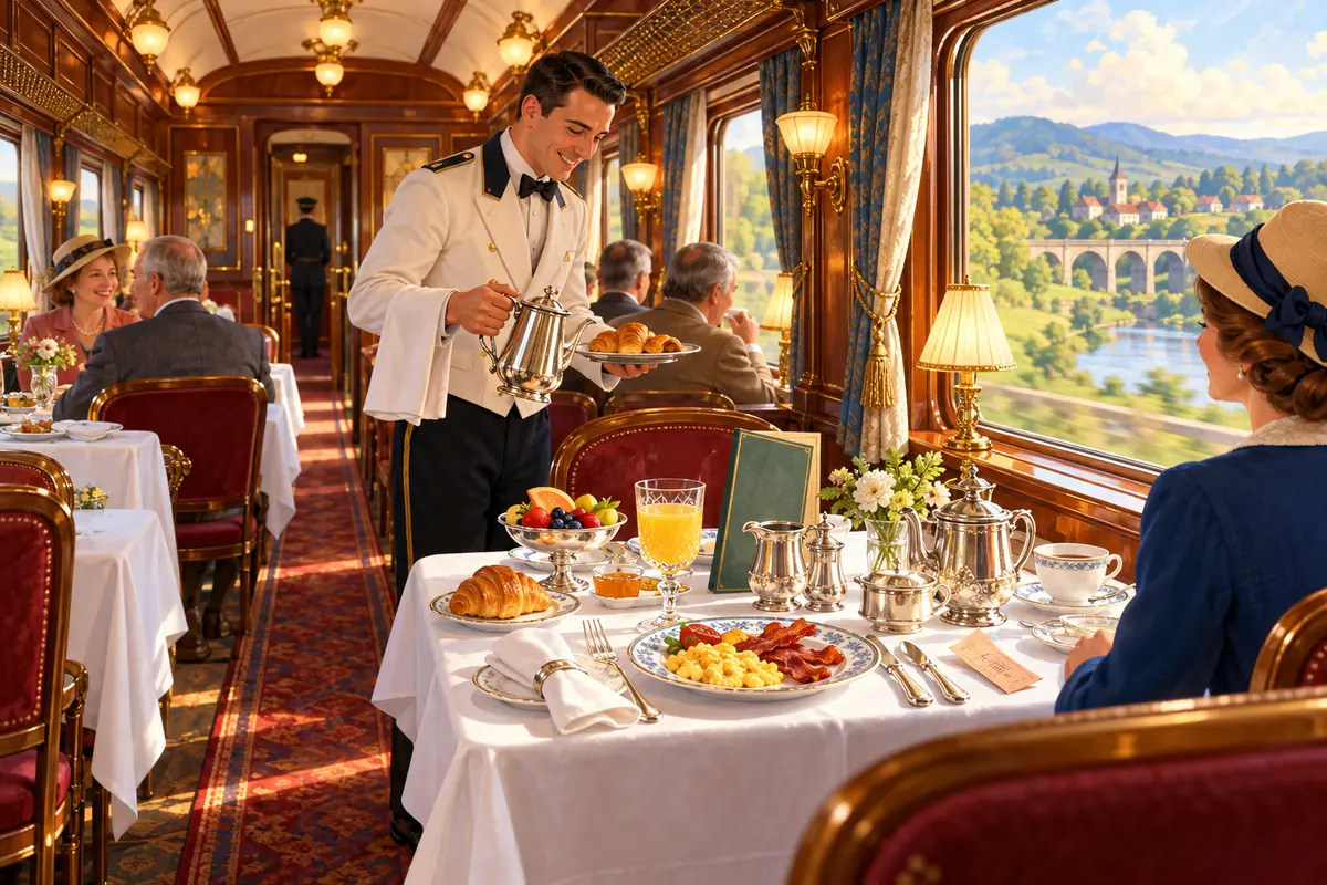 A uniformed steward serves breakfast at linen-covered tables in an elegant vintage railway dining car as countryside passes the windows.