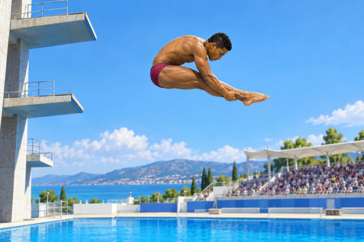 A champion diver performs a pike high above an outdoor competition pool with platforms and spectators behind him.