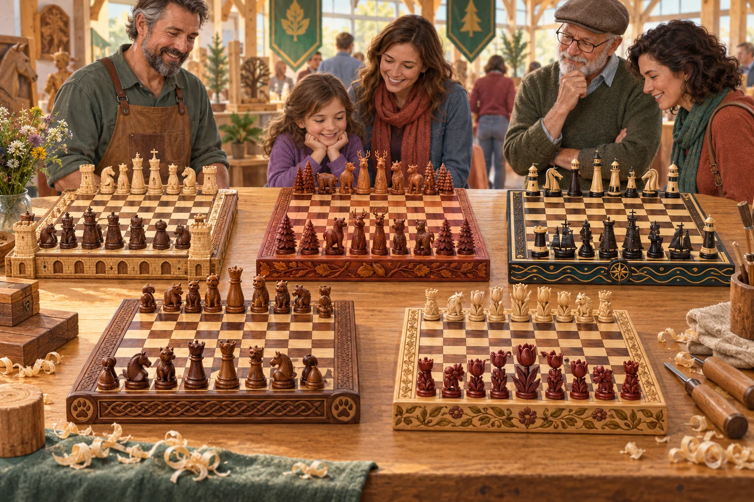 Five distinctive handcrafted wooden chess sets displayed before smiling visitors and woodcarvers at a warm craft fair.
