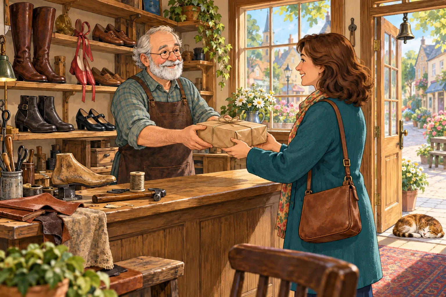 A friendly cobbler hands a wrapped footwear parcel to a customer in a sunny traditional shoe-repair shop.