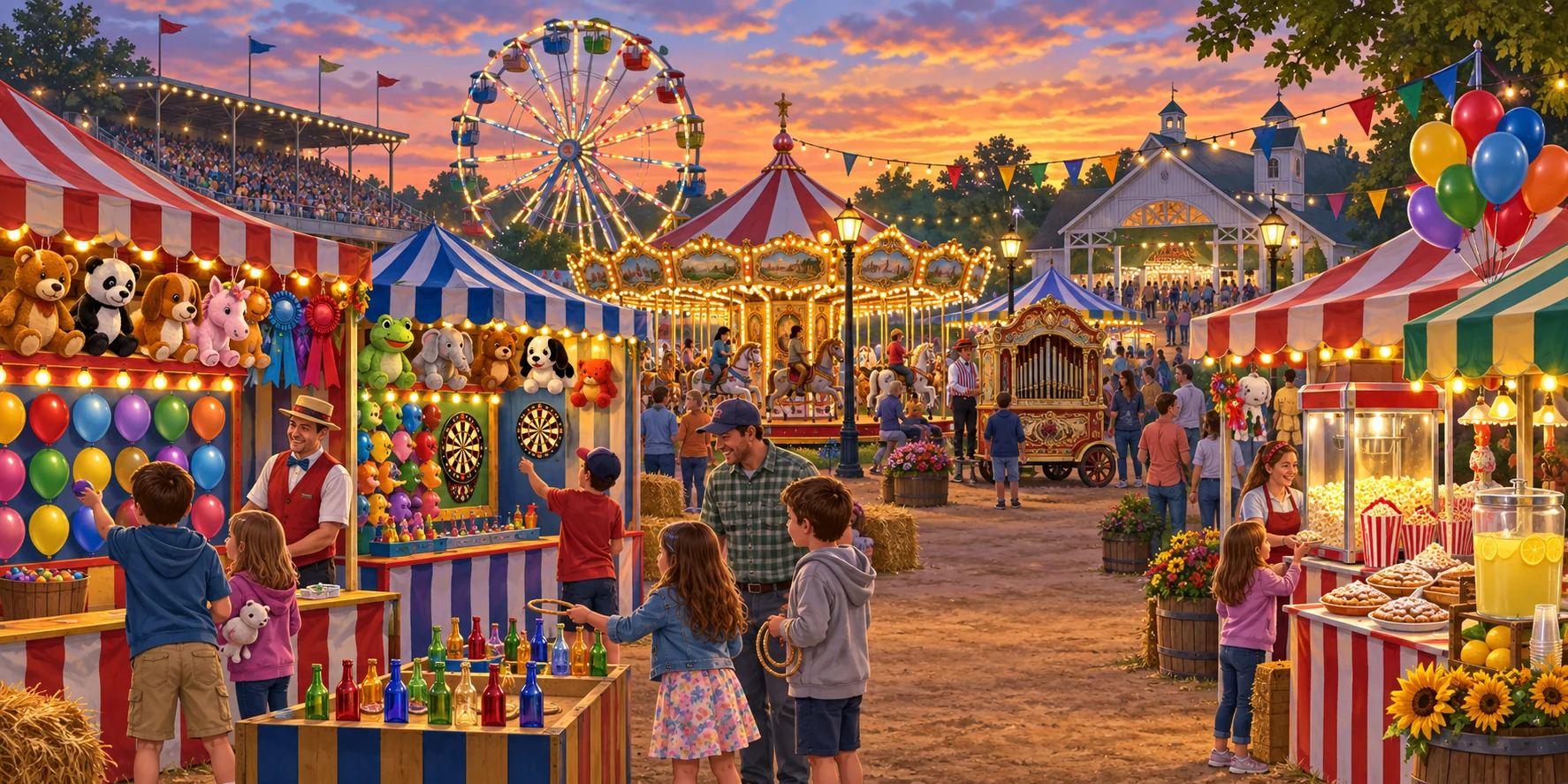 Families enjoying a glowing county fair midway with a Ferris wheel, carousel, game booths, prizes, food stands, a calliope, grandstand, and pavilion at sunset.