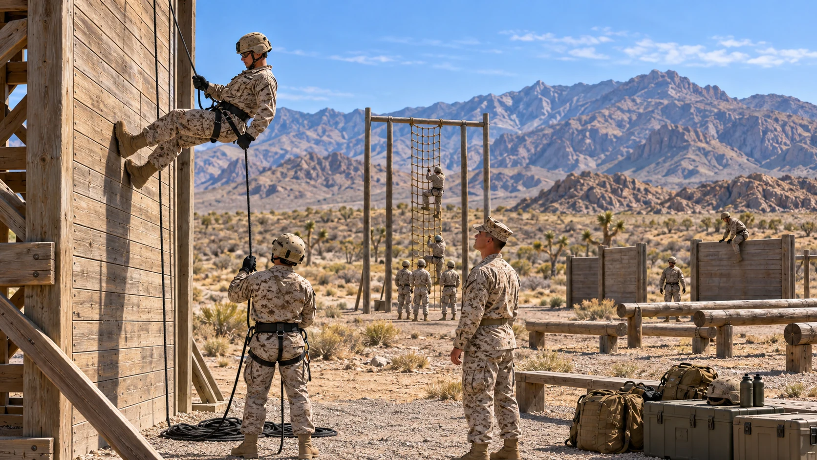 Marines conduct supervised desert rappel and obstacle training.