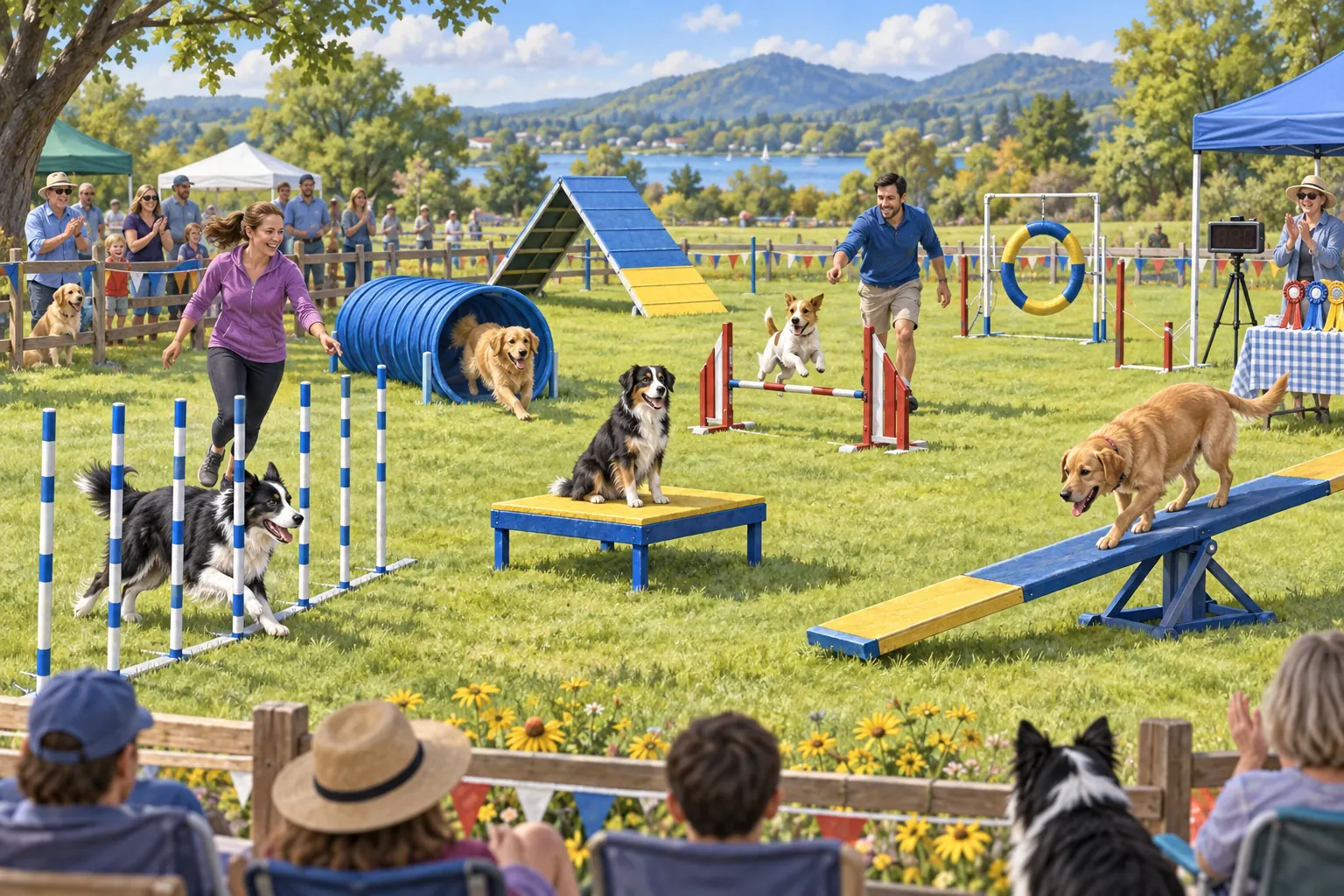 Dogs and handlers enjoying an outdoor agility meet with a weave course, tunnel, hurdle, hoop, pause table, teeter, and ribbon table.