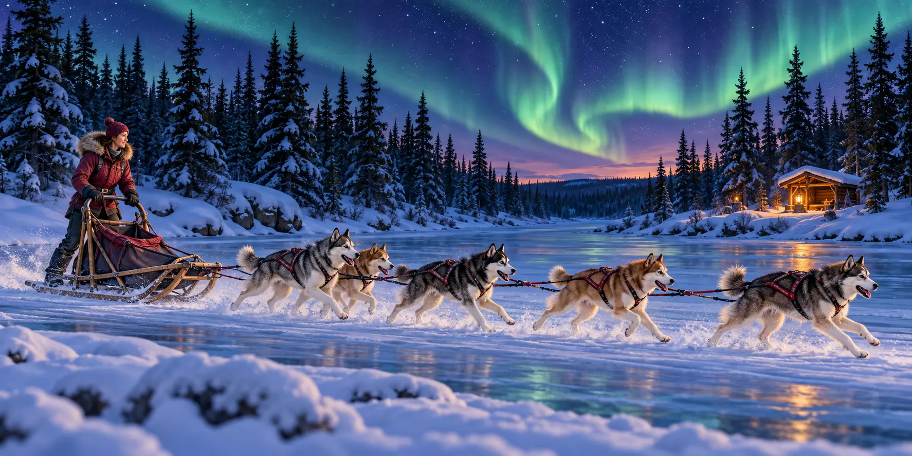 A woman musher drives a six-dog sled team across a frozen river beneath green northern lights, with a lantern-lit trail shelter among snowy spruce trees.