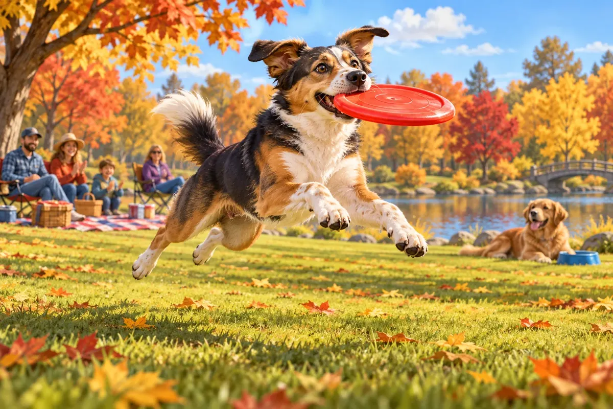 A joyful dog leaps to catch a flying disc in a sunny autumn park while picnic spectators watch from the grass.