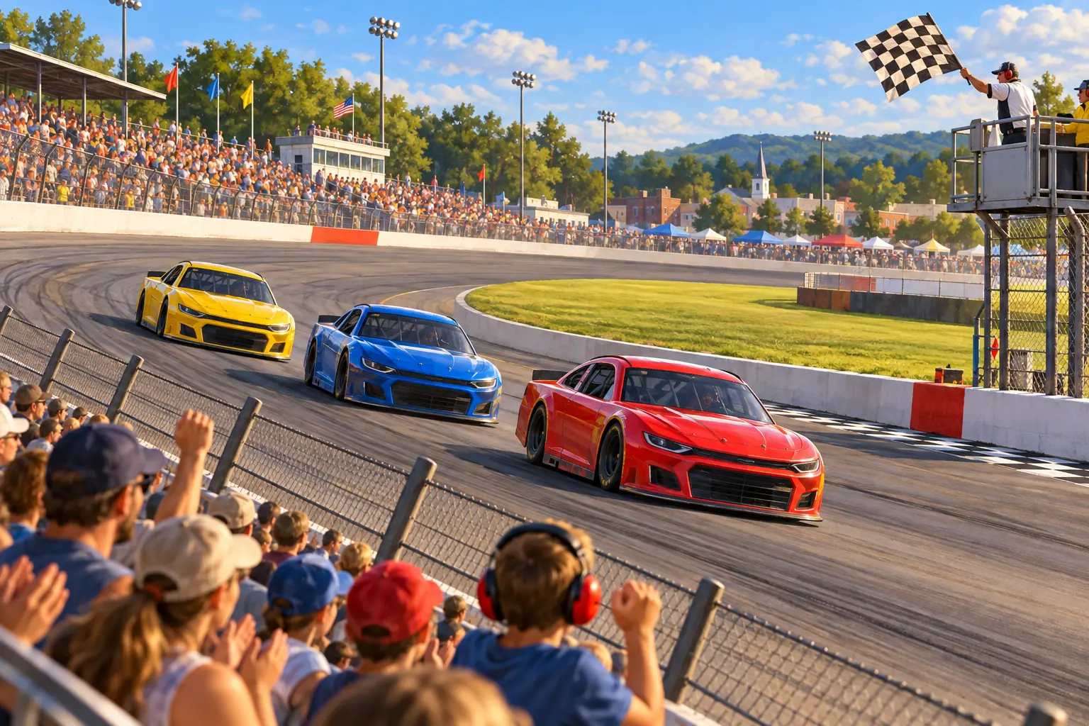 Three unnumbered stock cars race past cheering spectators and a waving checkered flag at a sunny small-town oval speedway.