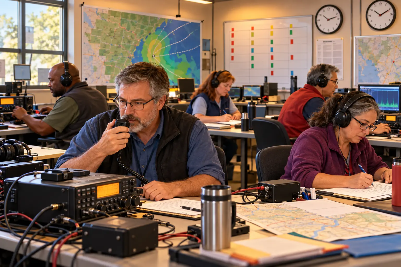Five adult amateur-radio volunteers operate tabletop radios, microphones, and message logs inside a warm, well-organized county emergency operations room during a daytime training drill.