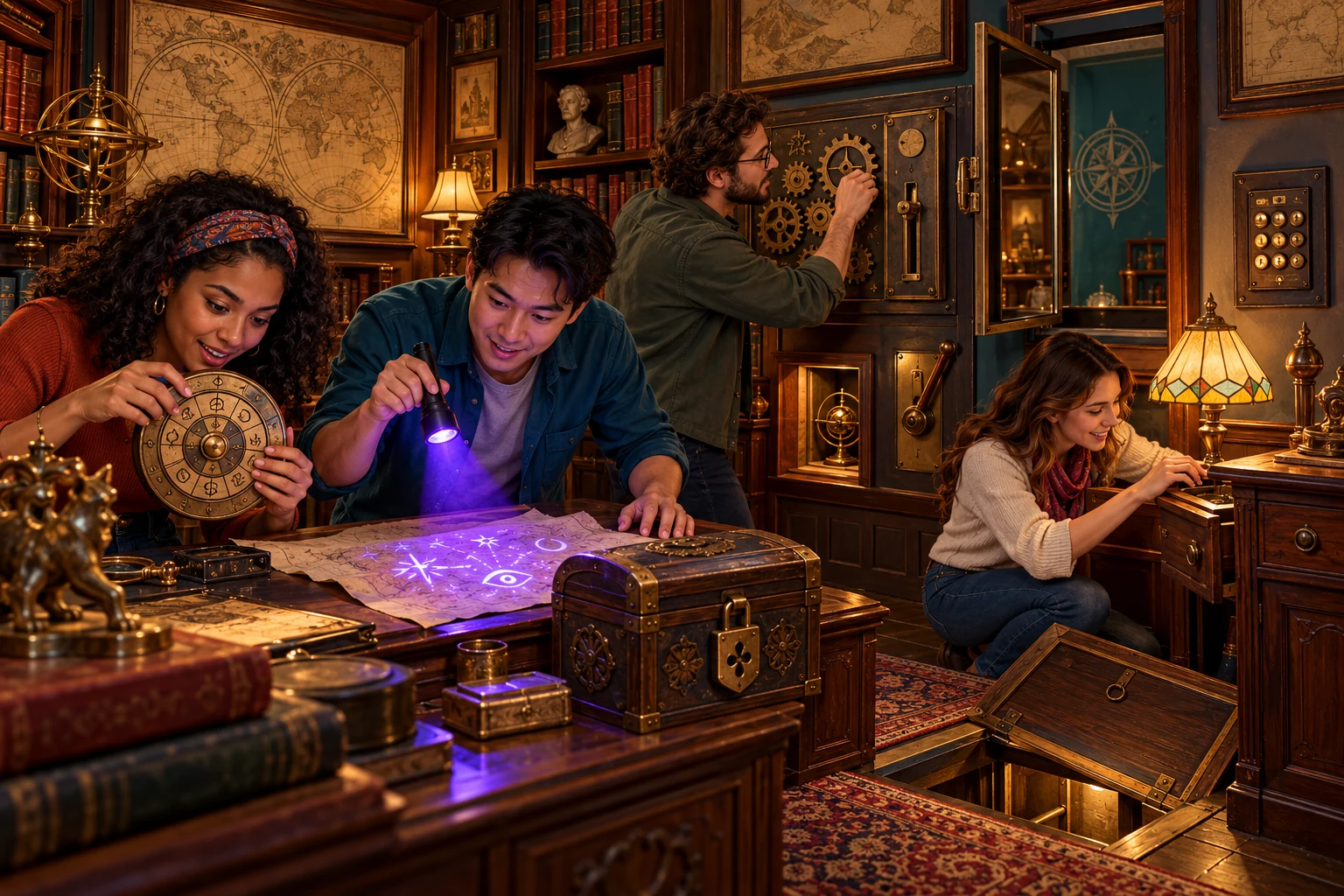 Four friends collaborate in a mysterious old-study escape room filled with a cipher wheel, ultraviolet clues, mechanical panels, a locked chest, concealed compartments, and a partly open trapdoor.