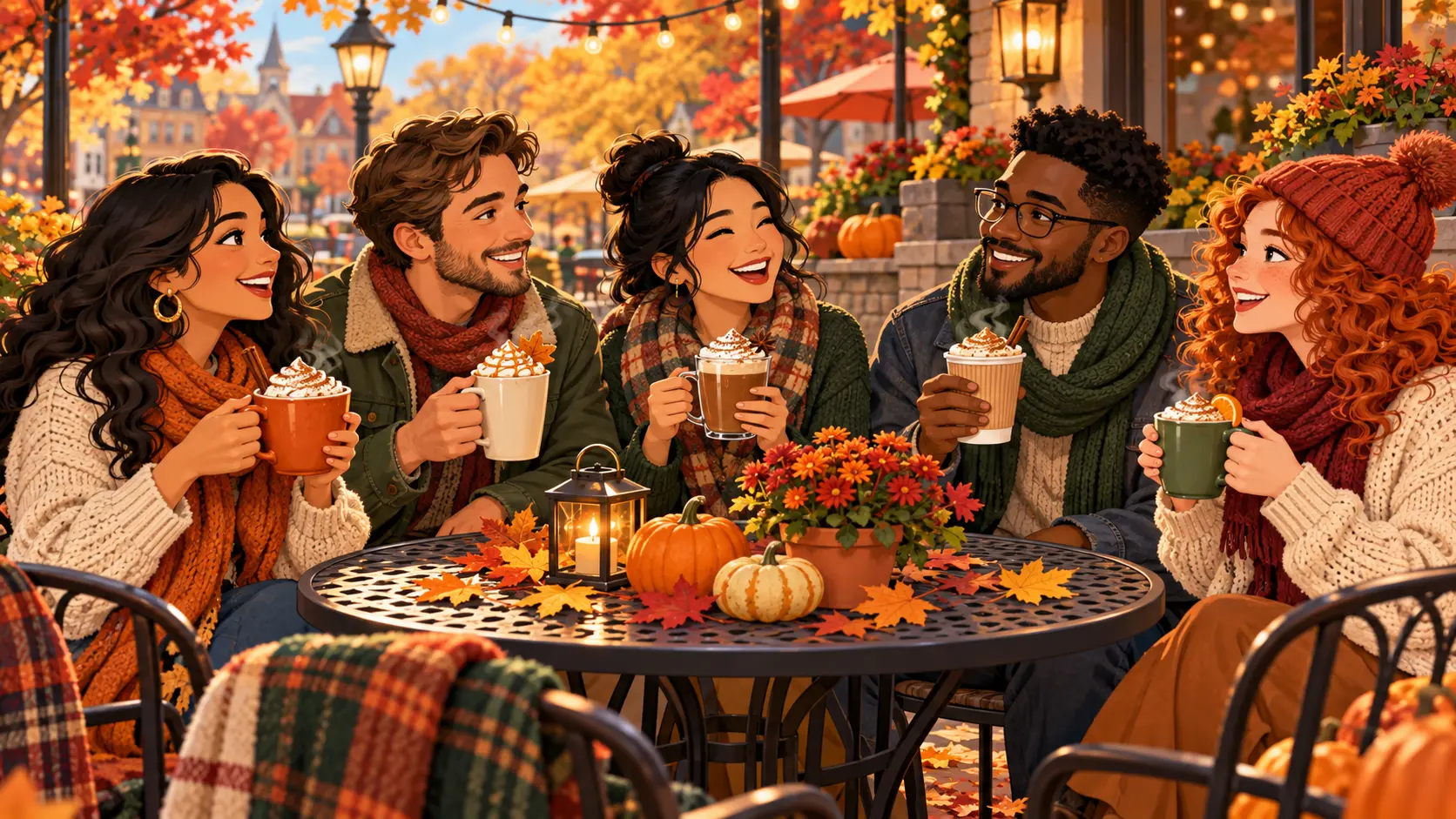 Five friends in scarves compare five unbranded seasonal drinks at a pumpkin-decorated outdoor café table surrounded by colorful autumn leaves.