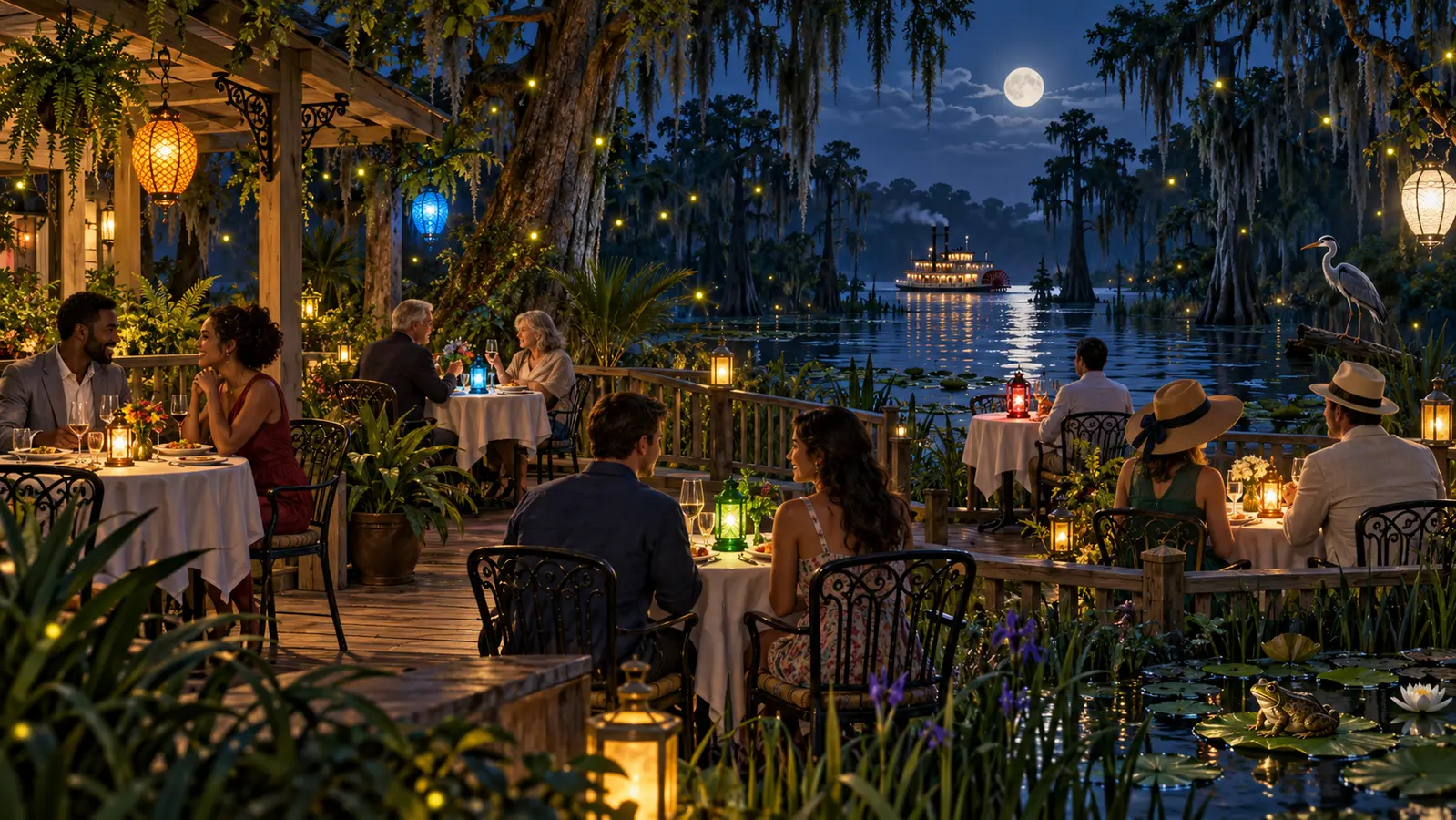 Moonlit outdoor bayou restaurant with five dining tables, colorful lanterns, glowing fireflies, moss-draped cypress trees, a paddleboat, a heron, and a bullfrog beside the water.