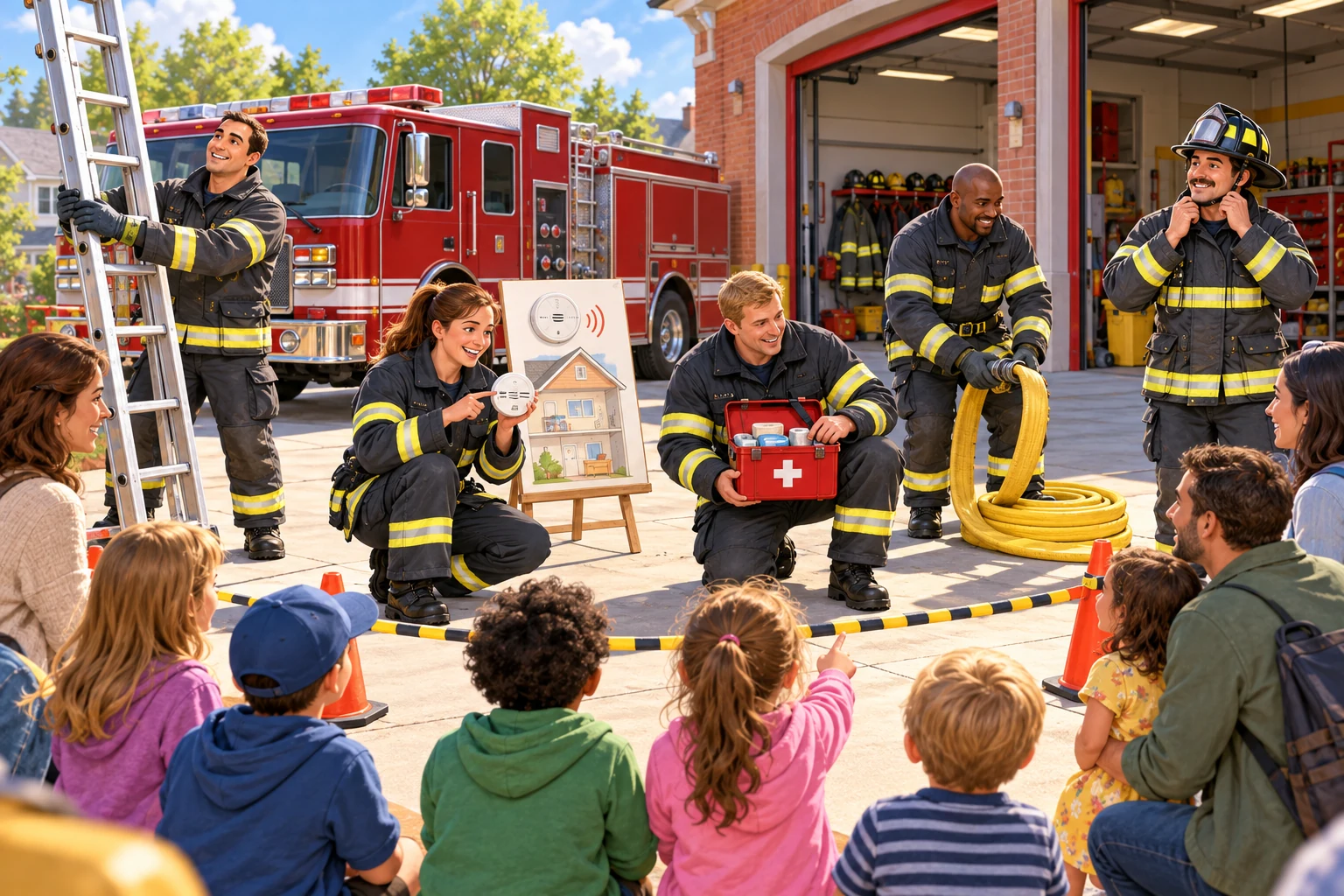 Five firefighters, including one woman, present safe equipment demonstrations to families outside a sunny community firehouse.