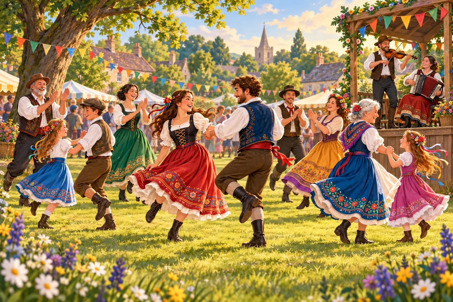 A lively outdoor folk dance festival with community dancers in colorful costumes and musicians playing fiddle and accordion.