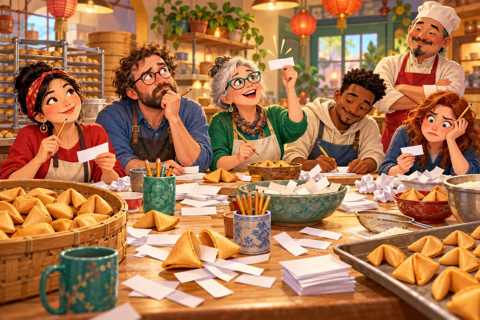 Five expressive aspiring writers brainstorm fortunes around a bakery table covered with golden fortune cookies and blank paper slips while a smiling host looks on.