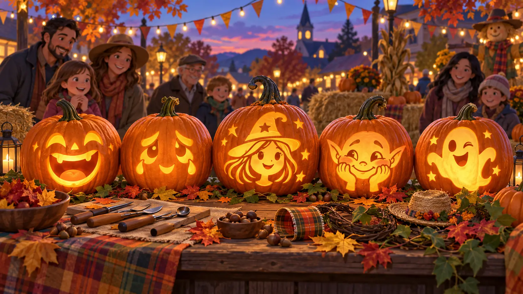 Five cheerful glowing pumpkin lanterns depicting a laughing face, teary face, friendly witch, bashful goblin, and winking ghost at a warmly lit autumn festival.