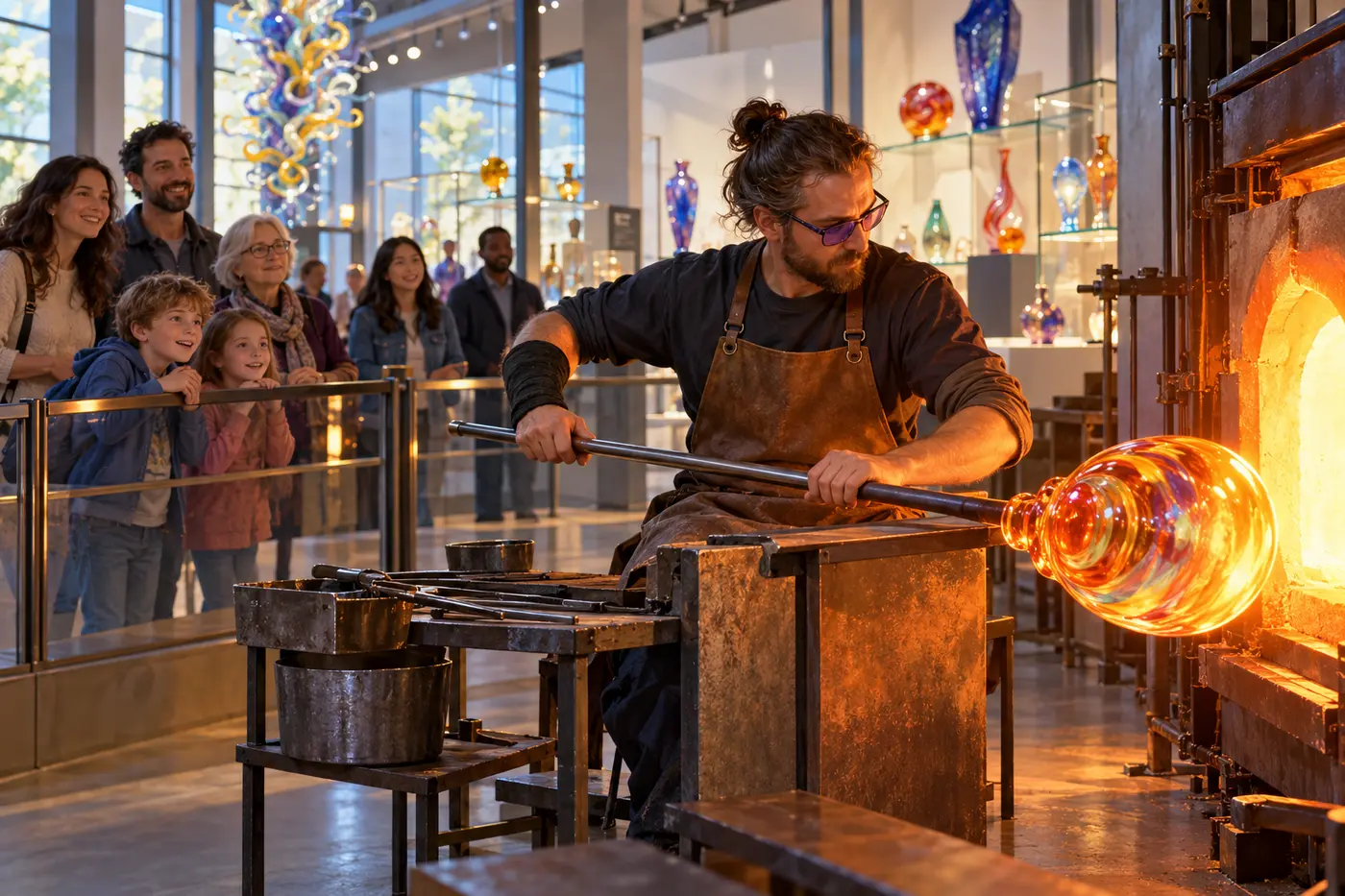 A gallery audience watches from behind a safety barrier as one glassblower shapes glowing molten glass beside a bright furnace in a colorful contemporary glass studio.