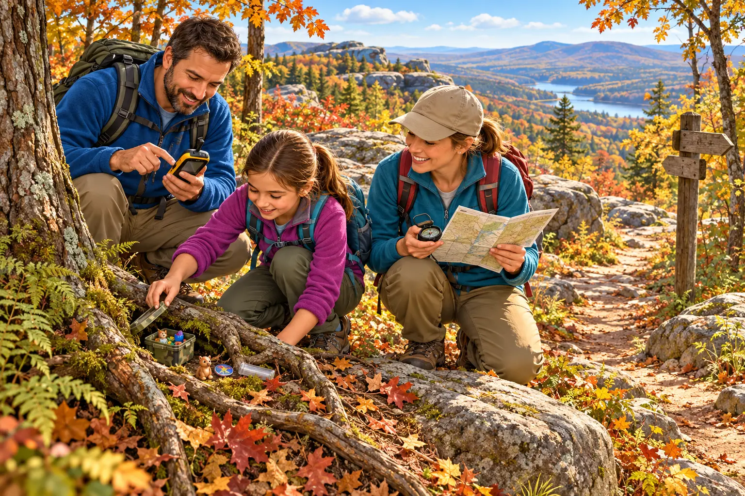 A family geocaching team uses a handheld GPS, trail map, and compass to discover a small cache hidden among tree roots on a colorful autumn woodland trail.
