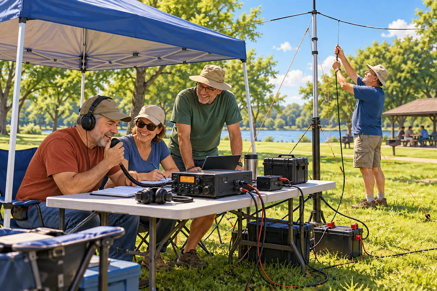 Adult amateur-radio hobbyists operate a portable transceiver beneath a blue canopy in a sunny park while another volunteer adjusts a wire antenna on a mast.