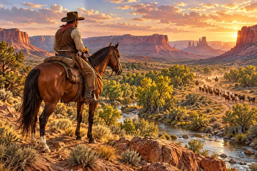 A mounted cowboy scout pauses on a ridge overlooking a winding creek, red mesas, and a distant cattle drive in warm evening light.