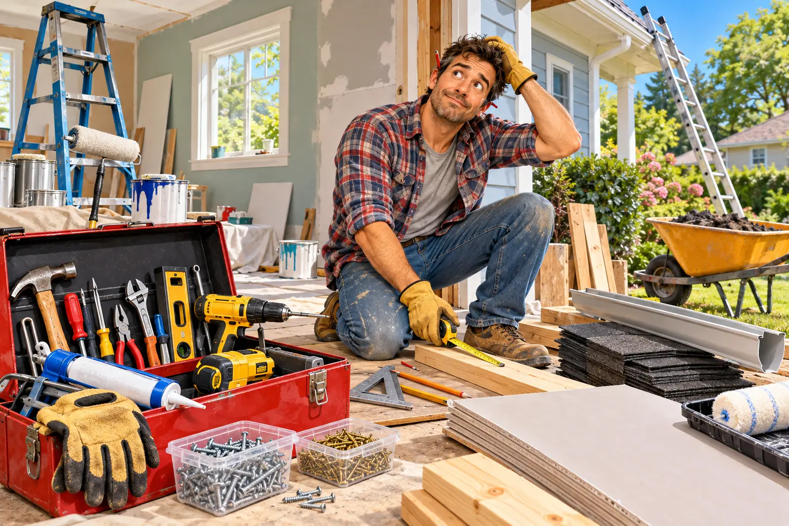 A do-it-yourself homeowner pauses amid tools, lumber, drywall, paint, ladders, and other home-repair supplies.