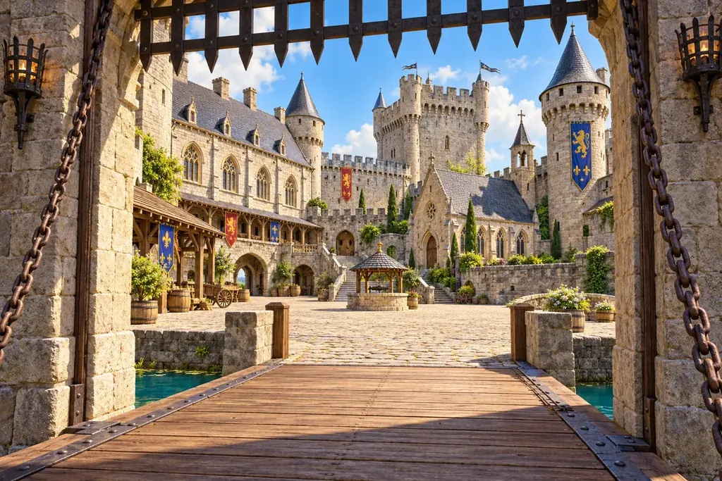 View through a raised portcullis and across a wooden drawbridge into a sunlit medieval castle courtyard with a keep, towers, battlements, great hall, and chapel.