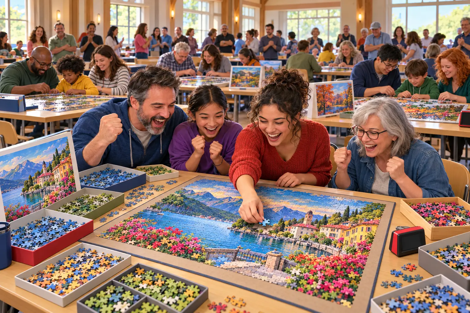 Teams sort colorful pieces and race to finish jigsaw puzzles at tables in a bright community tournament hall.