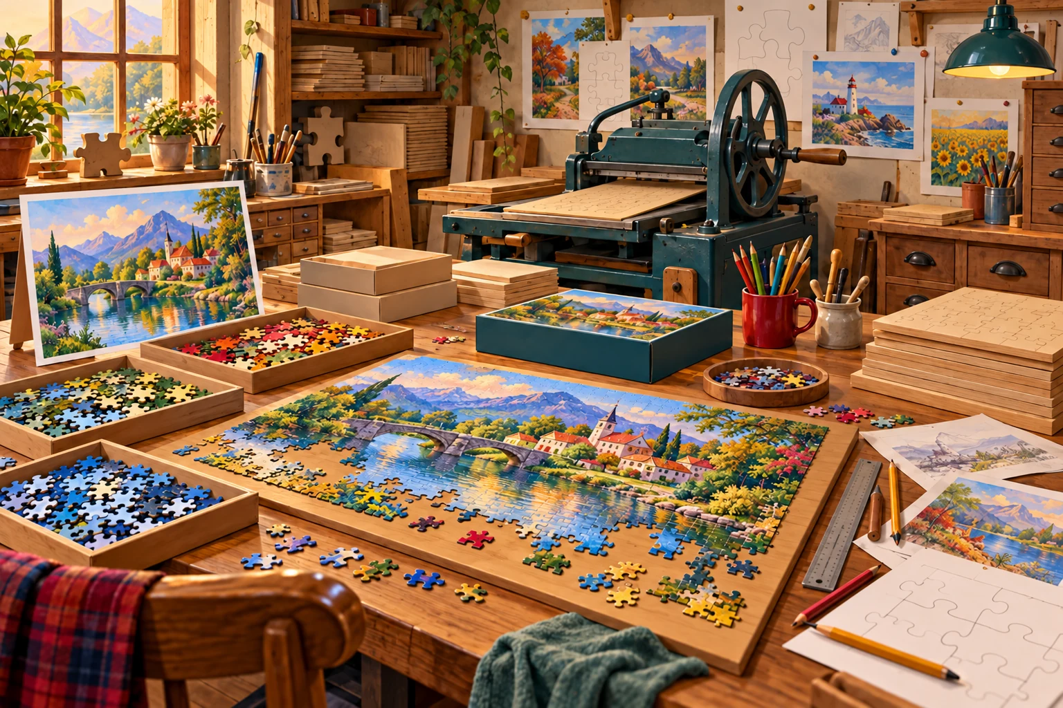 A warm artisan jigsaw-puzzle workshop with a partially assembled landscape puzzle, sorted pieces, wooden blanks, design templates, and a hand-operated cutting machine.