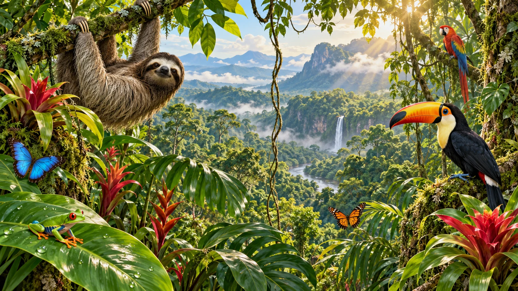 Sloth, toucan, and macaw among lush rainforest canopy foliage.