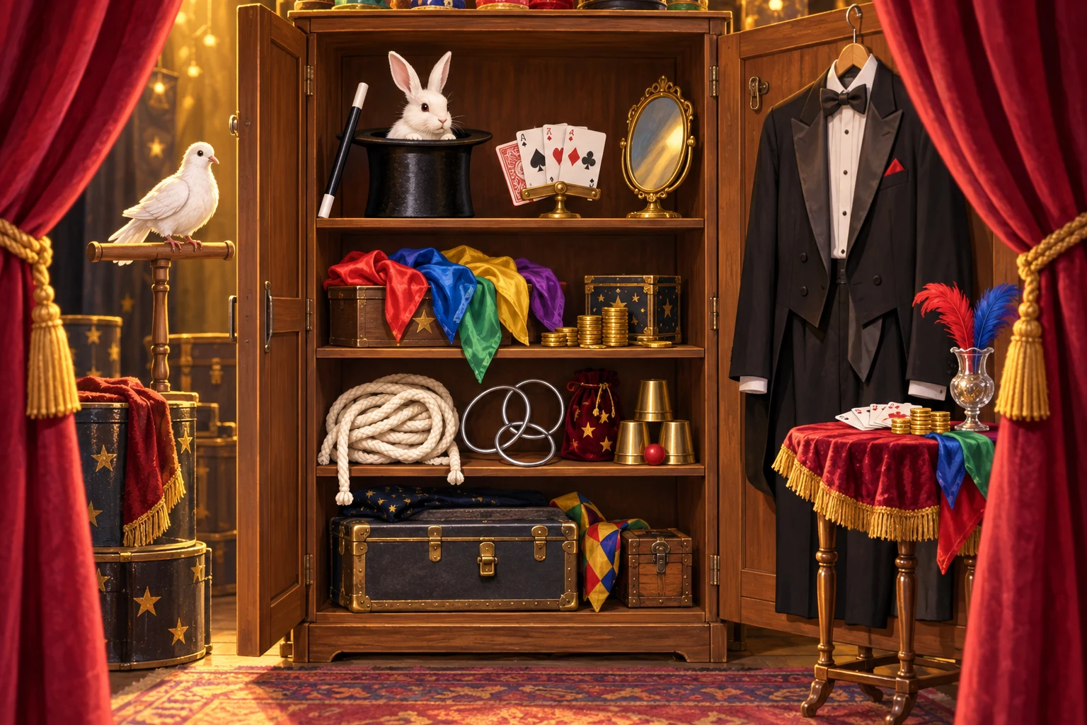 A rabbit in a top hat, dove, wand, silk scarves, cards, coins, rope, rings, mirror, and tuxedo around an open wooden magician’s cupboard.