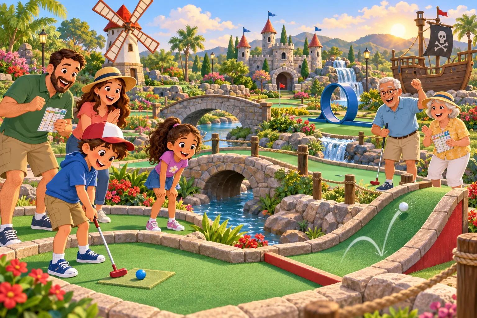 A family playing miniature golf among a windmill, castle, pirate ship, bridges, a loop obstacle, and waterfalls.
