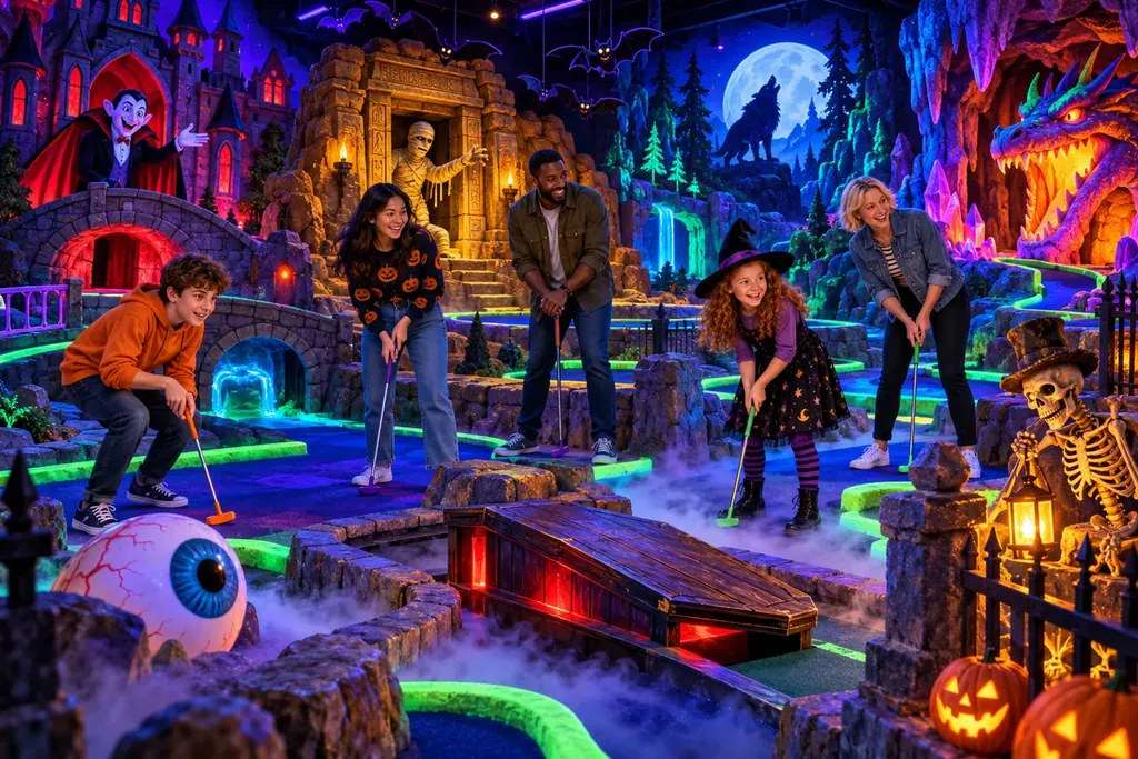 Five players enjoy a glowing Halloween miniature-golf course filled with a friendly vampire castle, mummy’s tomb, werewolf woods, dragon cave, ghostly decorations, theatrical fog, and playful monster obstacles.