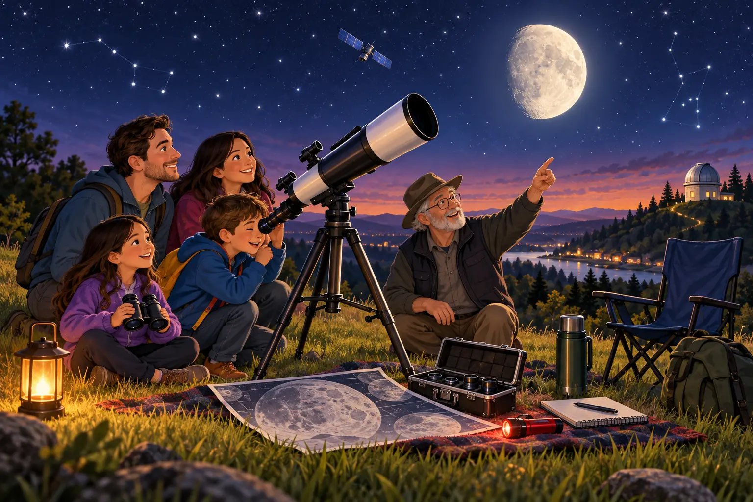 A family and an astronomer observing the moon through a telescope beneath a star-filled sky.