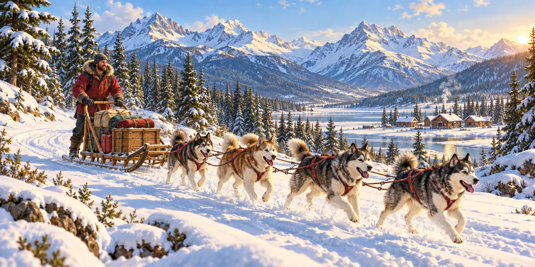 A musher guides a freight sled and four energetic sled dogs along a snowy mountain trail toward remote cabins, with crates, blankets, mail sacks, and fuel cans secured on the sled.