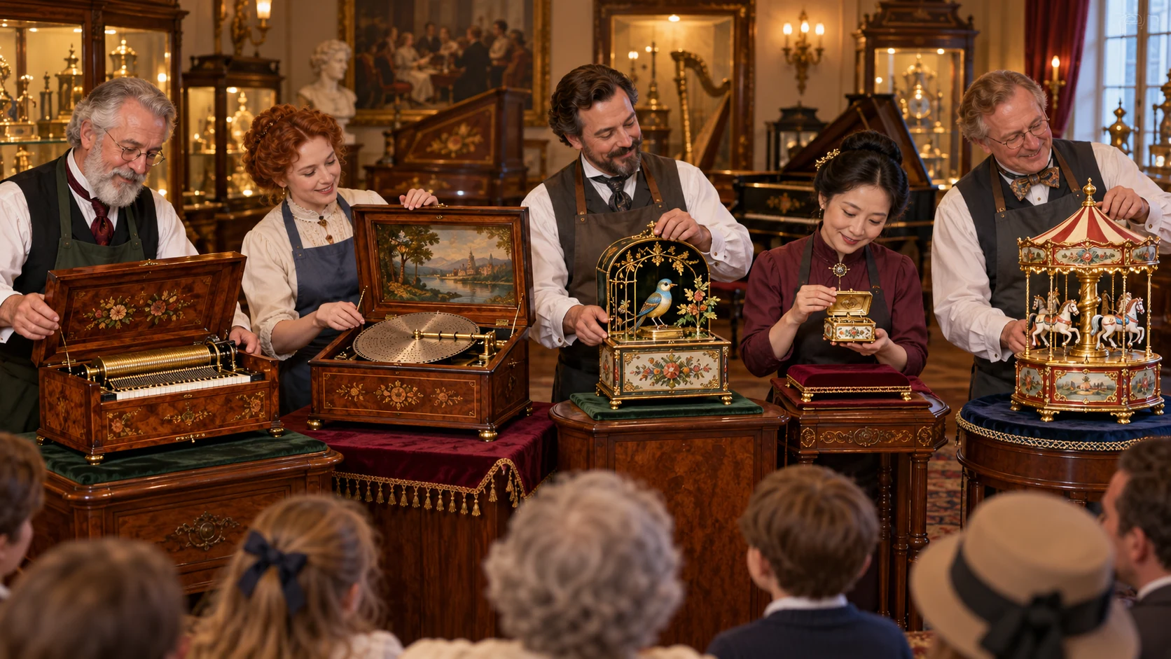 Five restorers demonstrate a cylinder piano box, disc-console music box, singing-bird automaton, ornate snuff-box music box, and carousel music box before an audience in a warmly lit antique music museum.