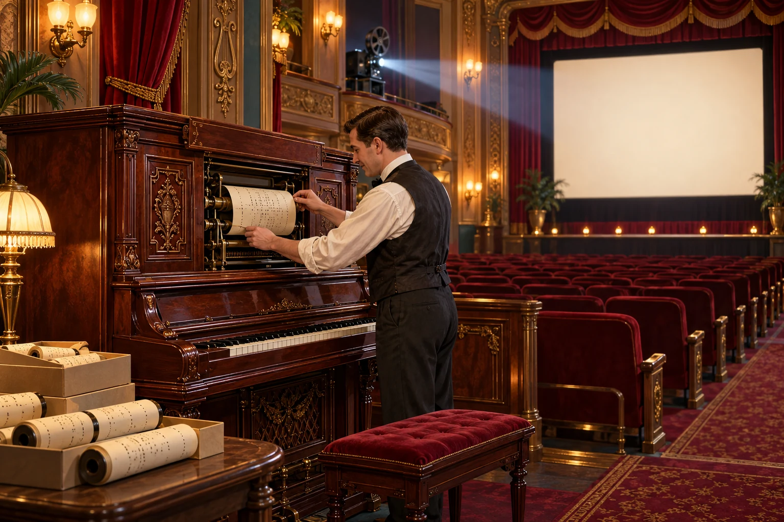 A theater operator loads a perforated paper music roll into an ornate player piano beside the blank screen of an elegant 1920s silent-movie theater.