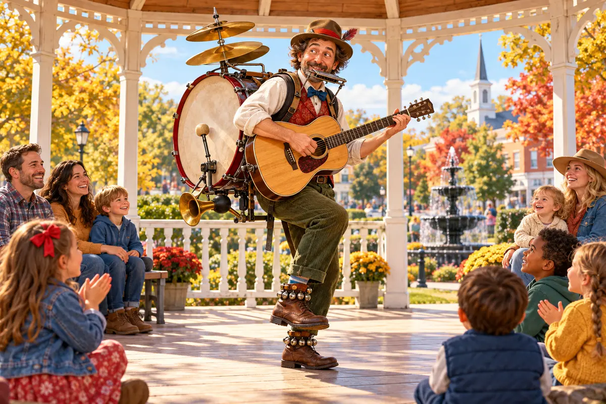 A cheerful one-man band plays guitar and harmonica while carrying a bass drum, cymbals, horn, and ankle bells in a sunny autumn park gazebo.