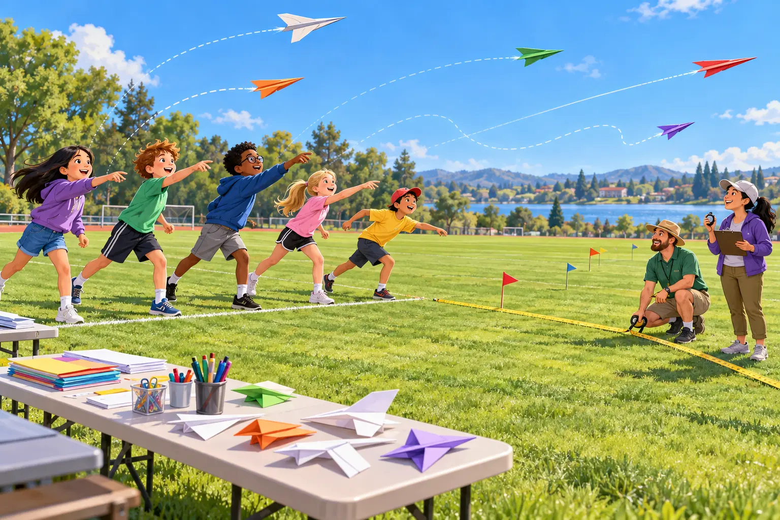 Five young contestants launch colorful paper airplanes across a sunny athletic field while volunteer judges measure distance and time the flights beside a table of folding supplies.