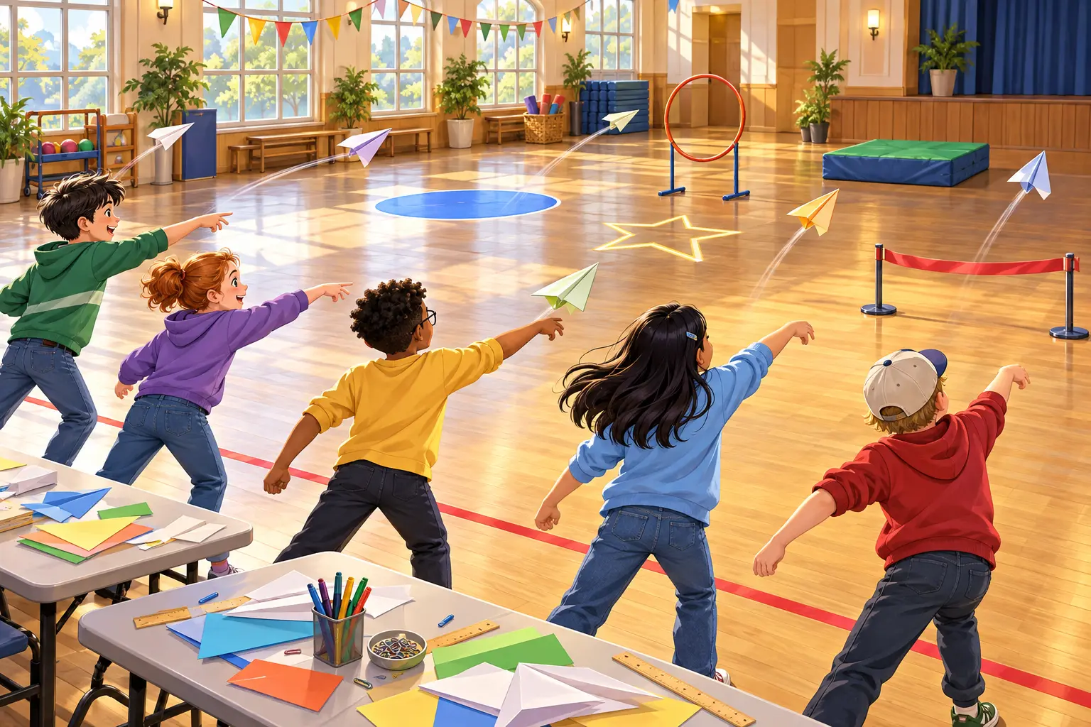 Five young contestants launch colorful paper airplanes toward a blue circle, chalk star, hoop gate, landing mat, and ribbon line inside a bright community recreation hall.