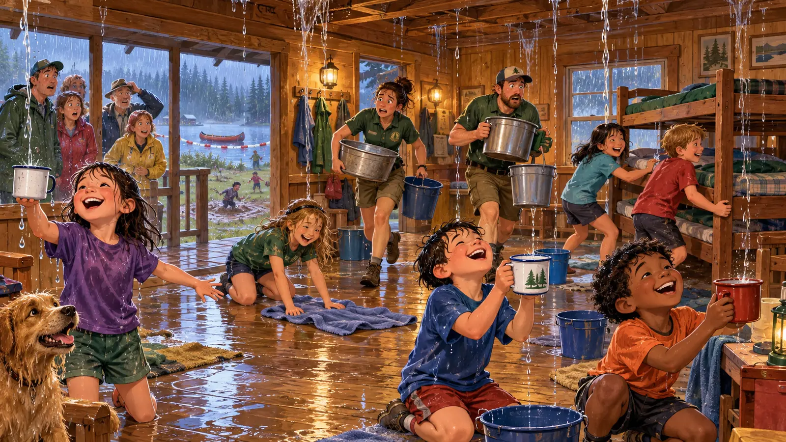 Laughing soaked campers catch drips in cups and slide towels across a leaking cabin floor while counselors carry buckets and surprised parents watch the summer rain.