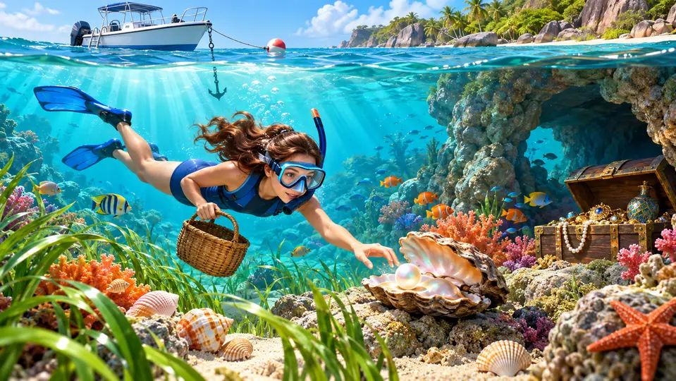 A pearl diver swims toward an open oyster in a turquoise lagoon surrounded by coral, seagrass, shells, a grotto, and a treasure chest beneath a small dive boat.