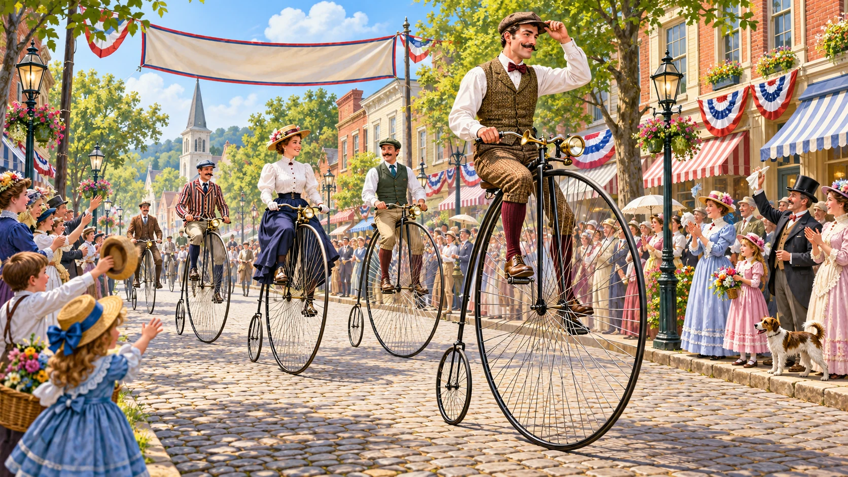 Penny-farthing riders in period cycling clothes lead a cheerful parade along a sunny cobblestone Main Street while townspeople wave.