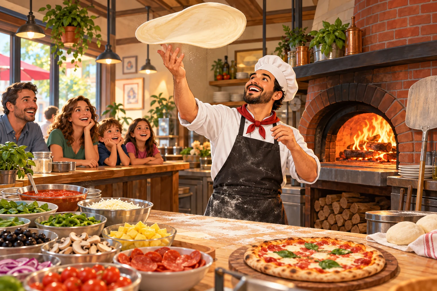 A smiling pizza cook tosses dough beside a brick oven and colorful bowls of toppings, including pineapple, while a family watches.