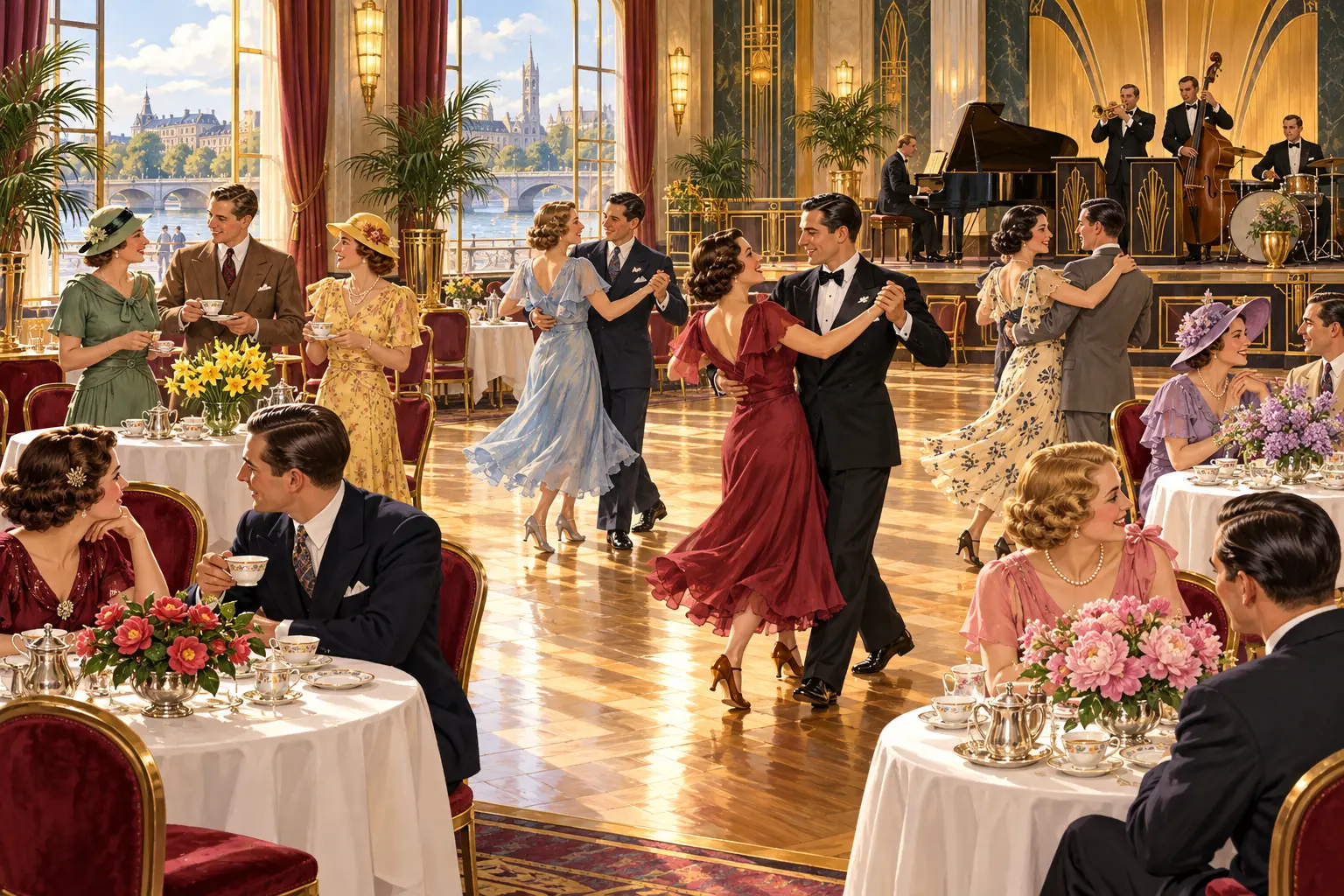 Elegant guests dance and enjoy afternoon tea beside flower-topped tables in a sunlit 1930s Art Deco hotel ballroom.