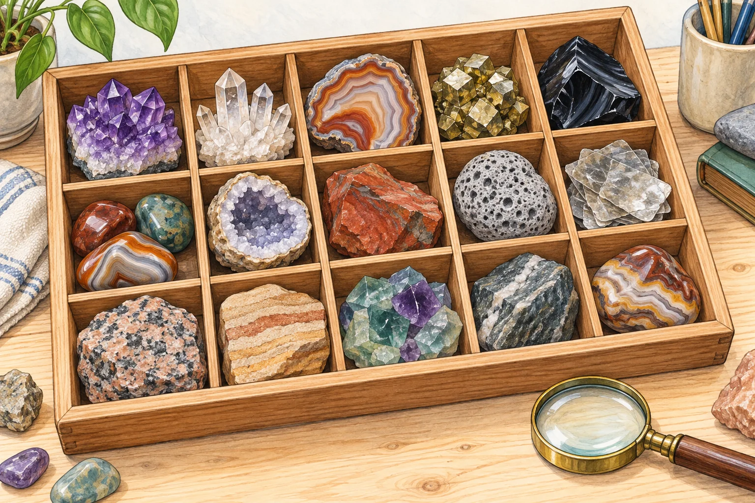 An open wooden collector’s tray of colorful crystals and rock specimens.