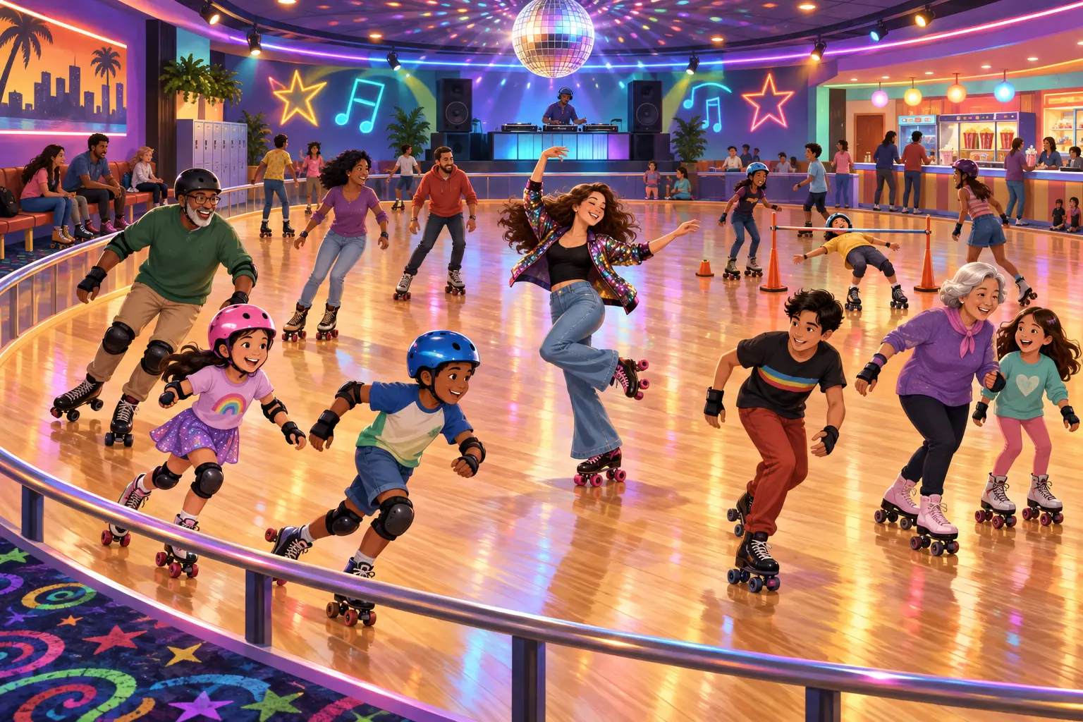 Friends and neighbors of several generations roller skating beneath neon lights and a disco ball in a classic neighborhood rink.