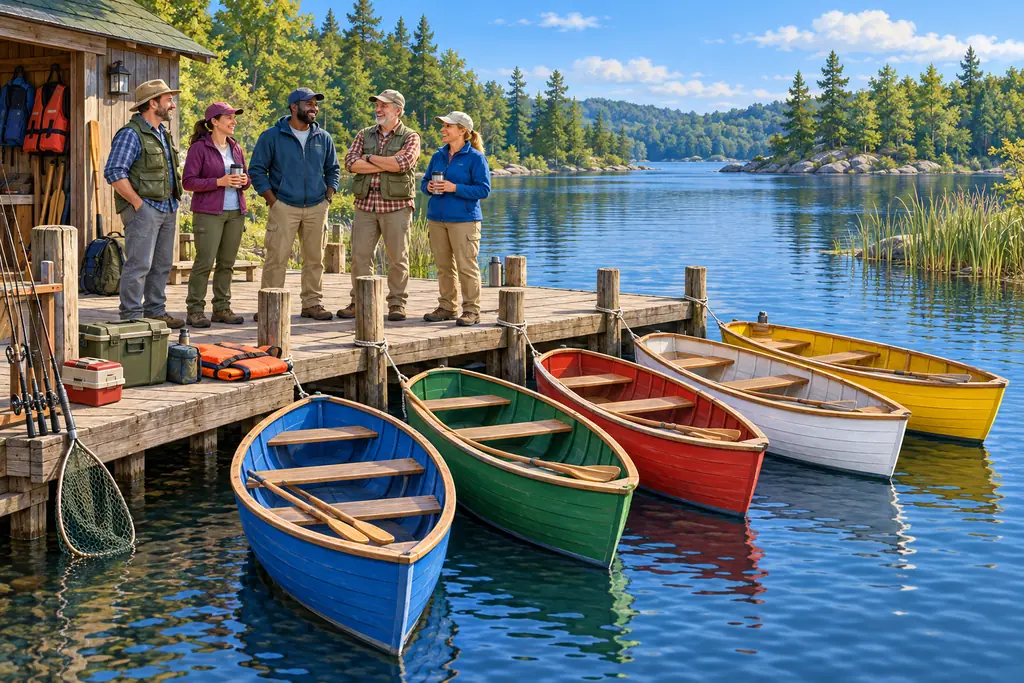 Five anglers gather separately from blue, green, red, white, and yellow rowboats at a sunny lakeside rental dock.