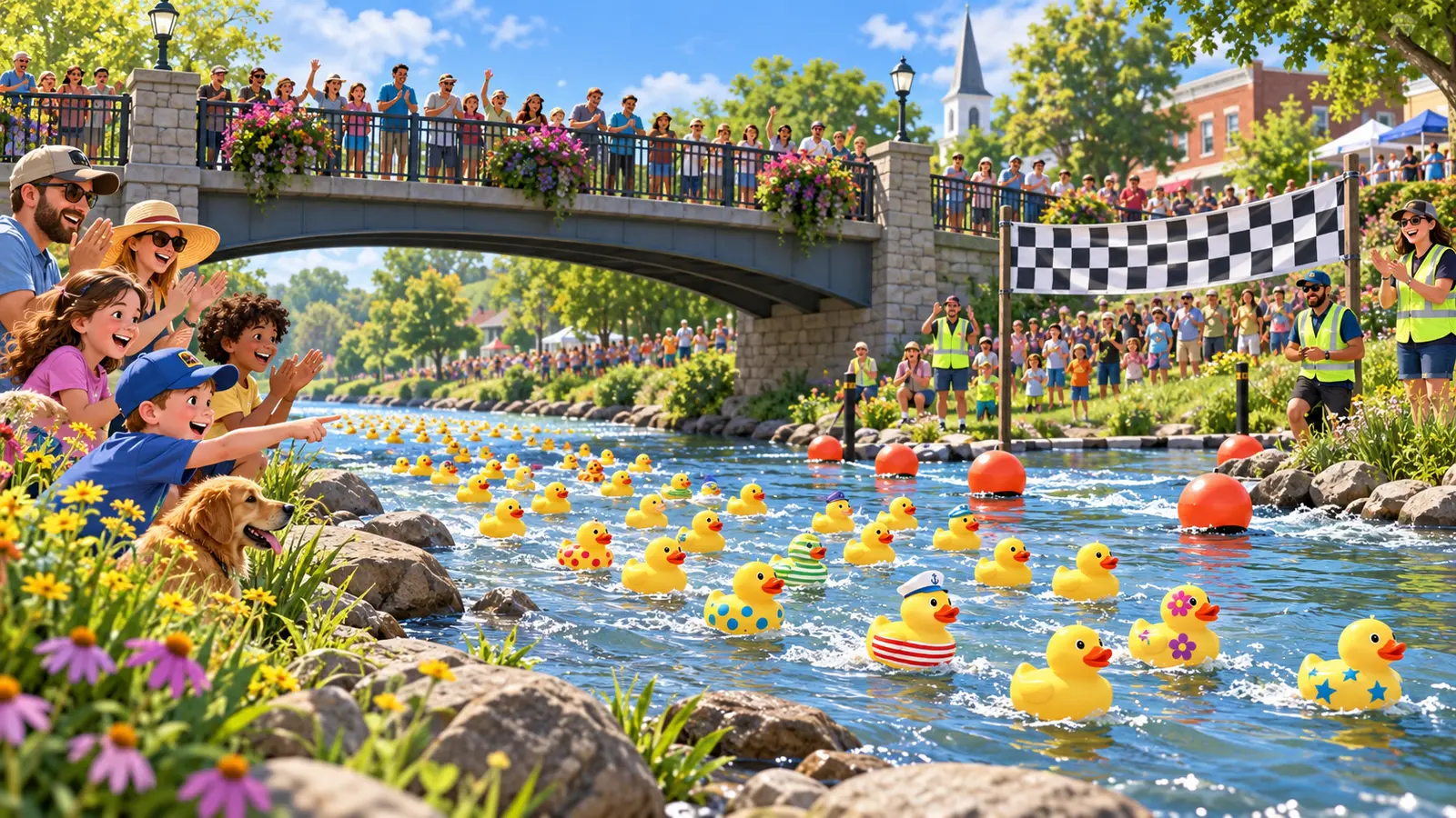 A cheerful crowd watches dozens of decorated yellow rubber ducks race beneath a bridge toward a checkered finish banner on a sunny river.